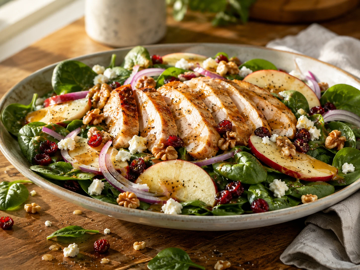 Chicken Apple Walnut Spinach Salad aerial view