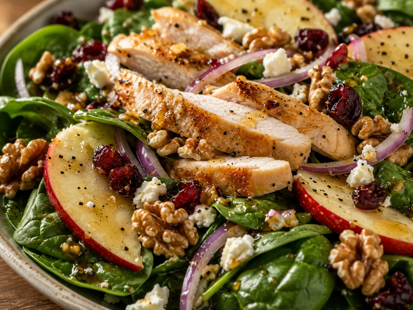 Chicken Apple Walnut Spinach Salad close up