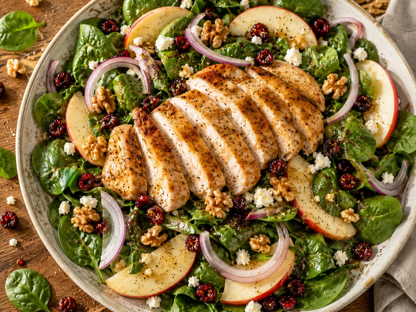 Chicken Apple Walnut Spinach Salad preparation