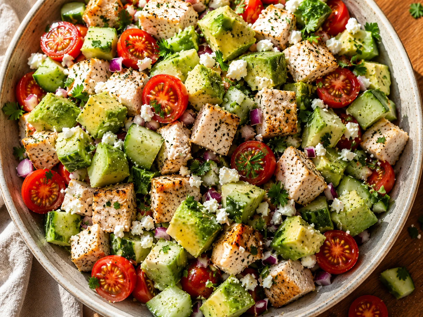 Chicken Avocado Cucumber Salad aerial view