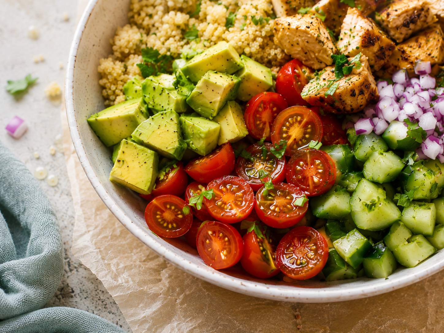 Chicken Avocado Quinoa Salad Bowl close up