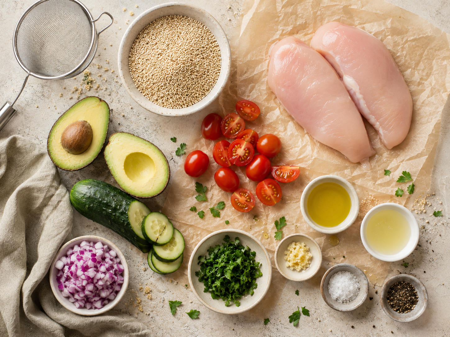 Chicken Avocado Quinoa Salad Bowl preparation
