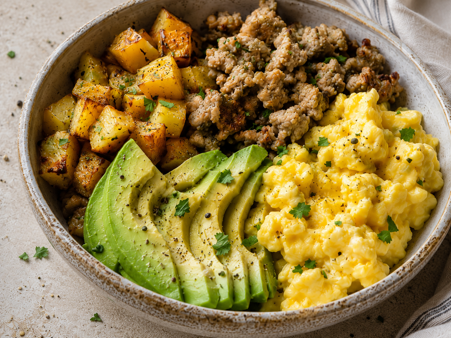 Chicken Breakfast Sausage Egg Bowl close up