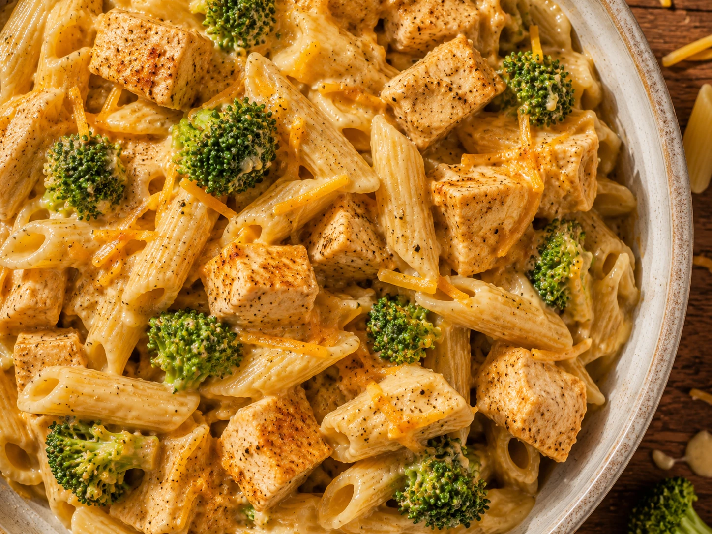 Chicken Broccoli Cheddar Protein Pasta aerial view