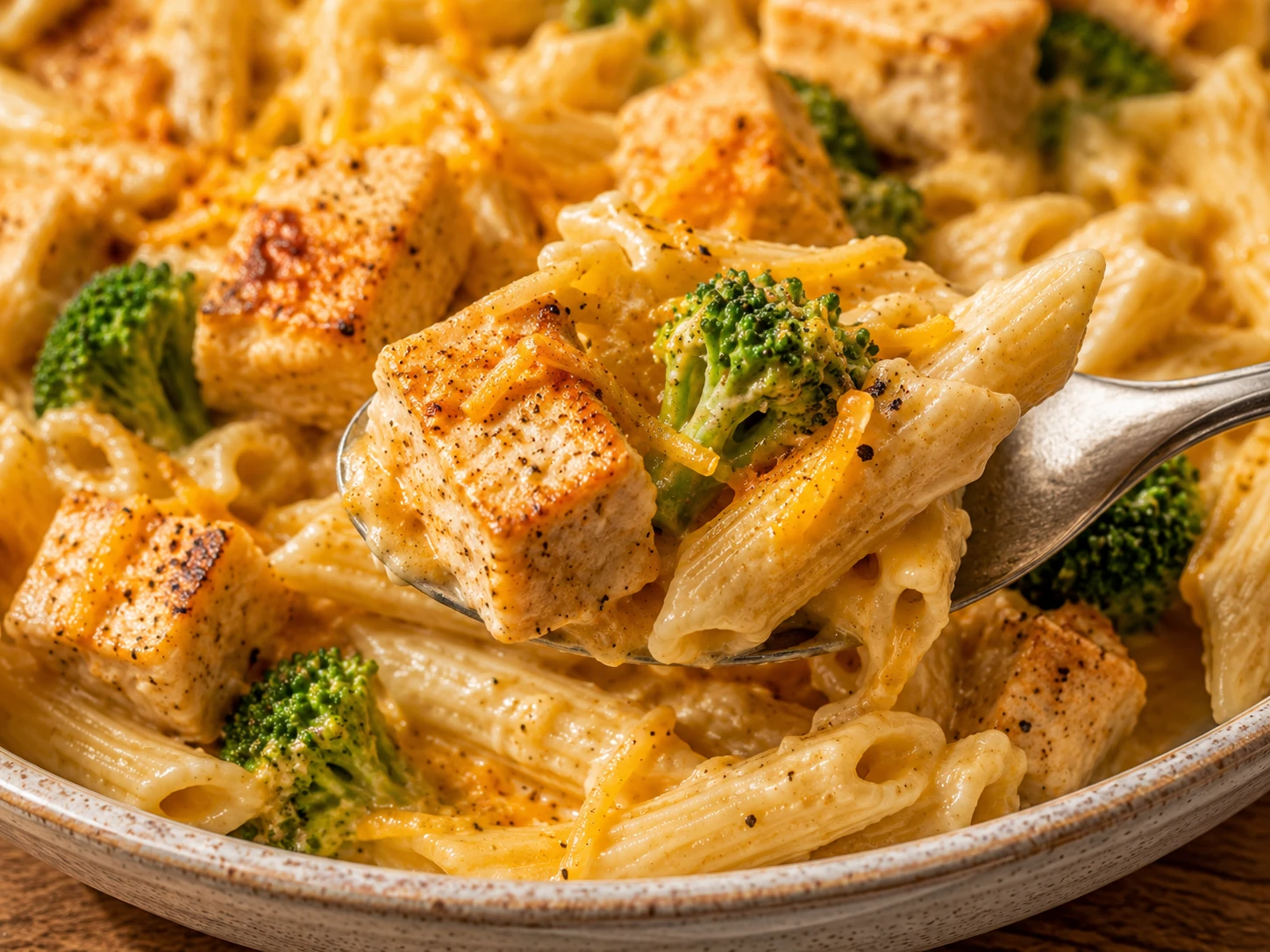Chicken Broccoli Cheddar Protein Pasta close up