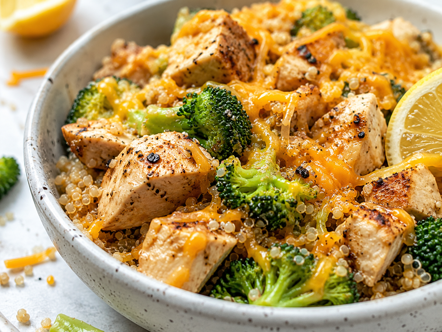 Chicken Broccoli Cheddar Quinoa Bowl close up