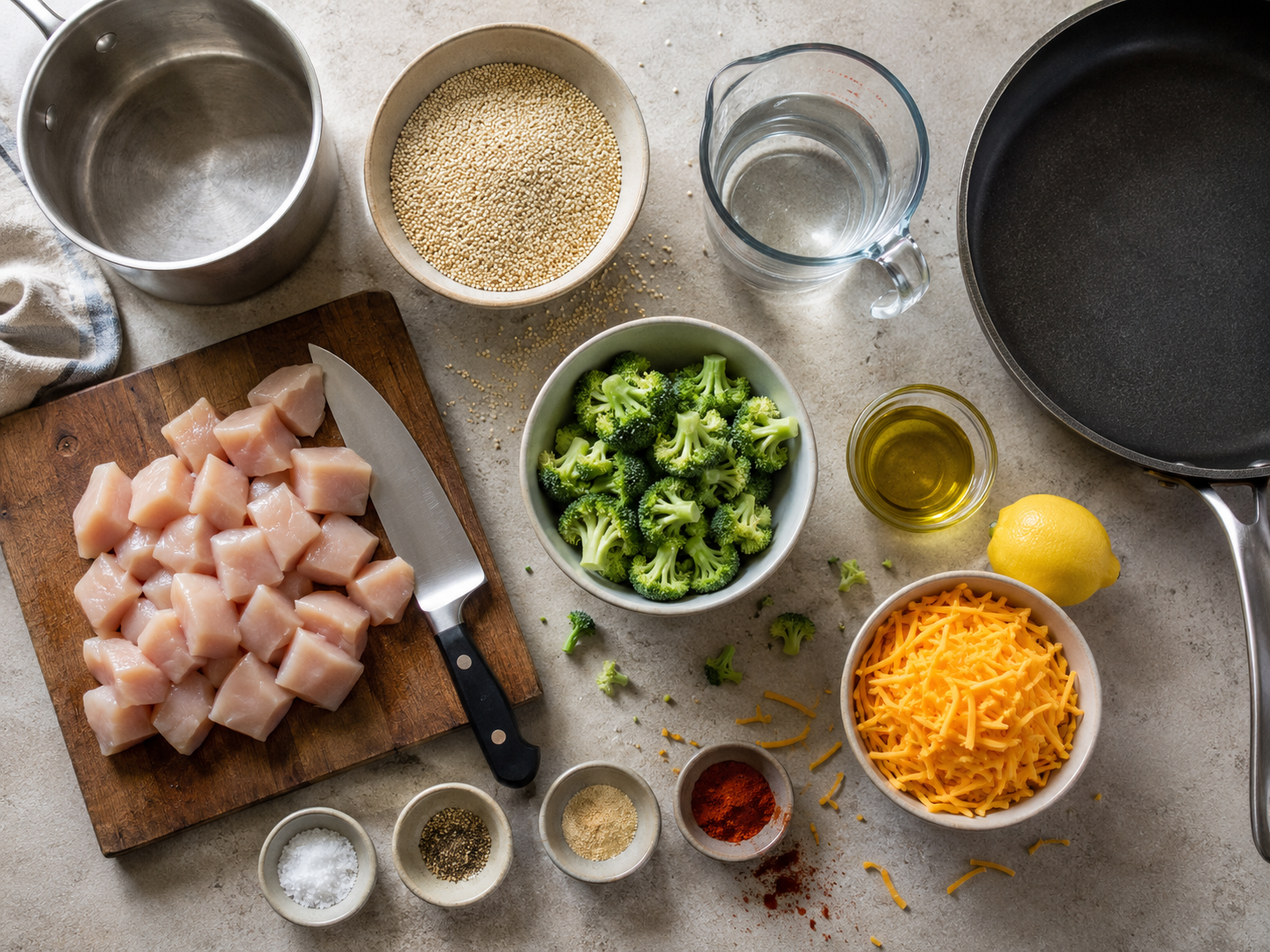 Chicken Broccoli Cheddar Quinoa Bowl preparation