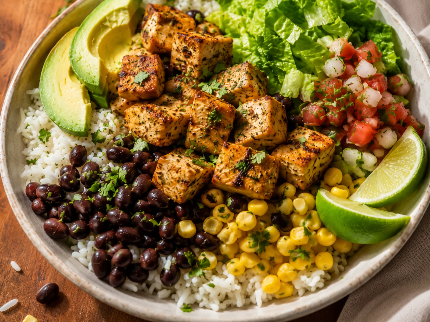 Cilantro Lime Chicken Burrito Protein Bowl close up