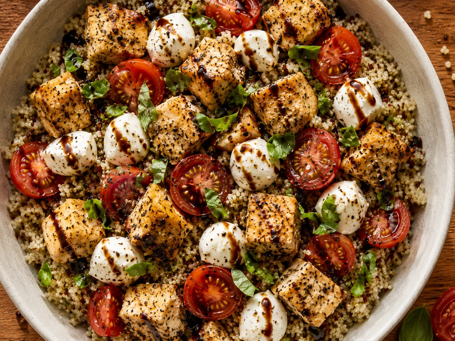 Chicken Caprese Quinoa Bowls aerial view