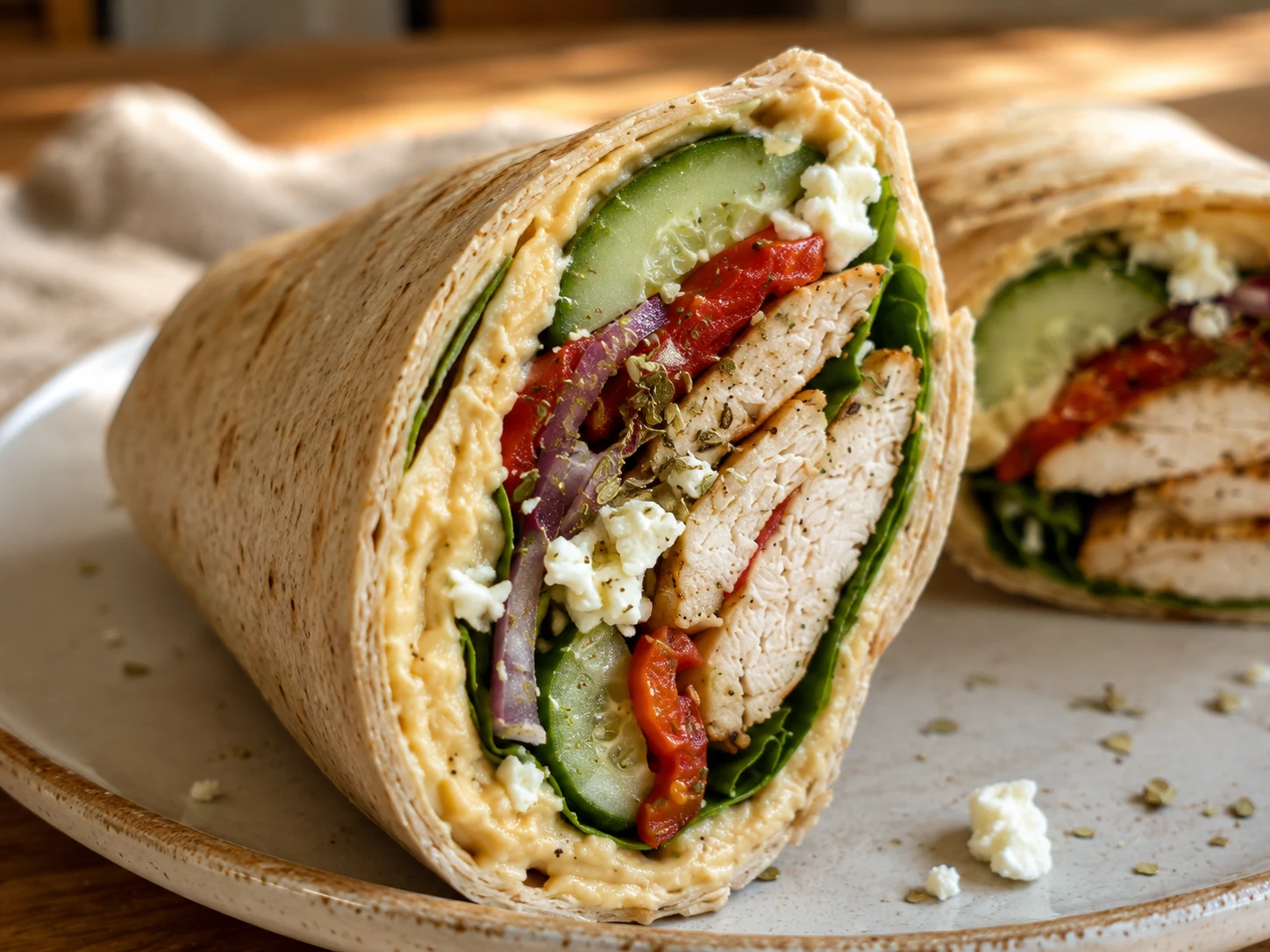 Chicken Hummus Veggie Wrap close up