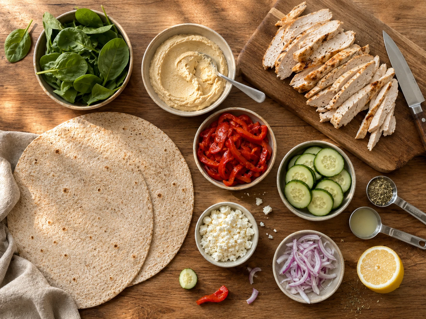 Chicken Hummus Veggie Wrap preparation