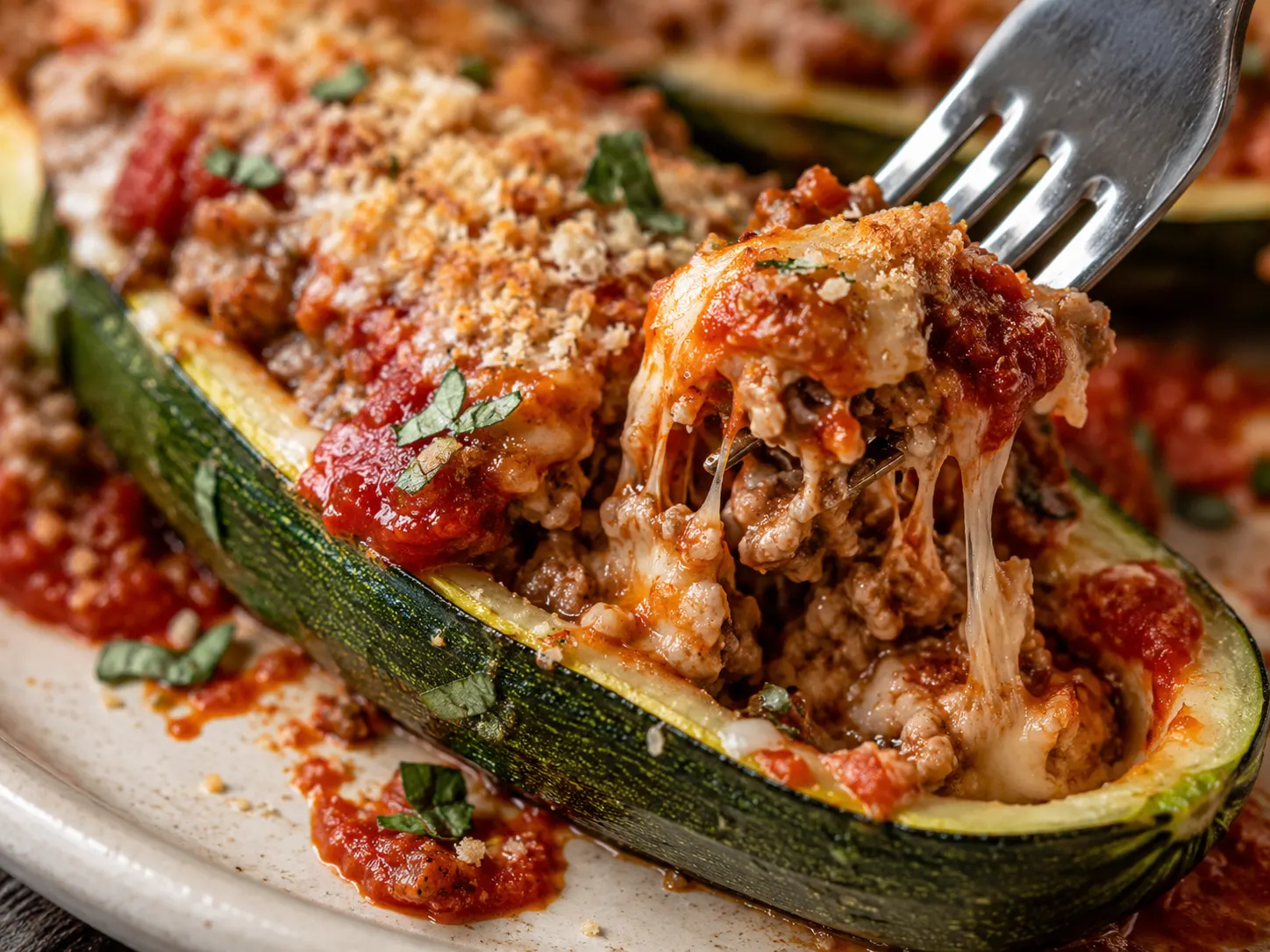 Chicken Parmesan Zucchini Boats close up