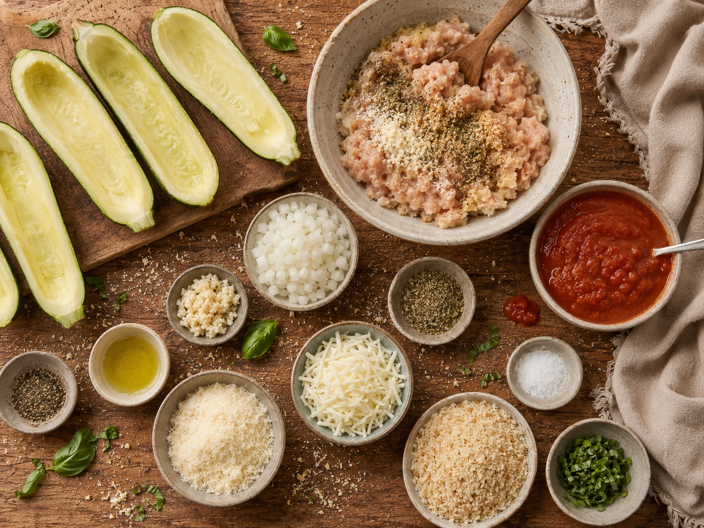 Chicken Parmesan Zucchini Boats preparation