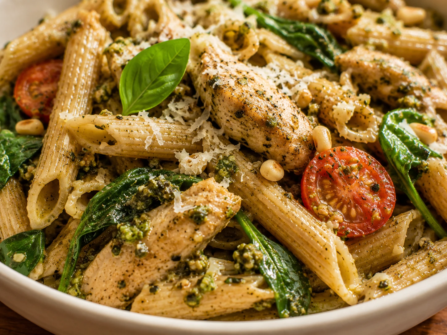 Chicken Pesto Pasta Bowl close up