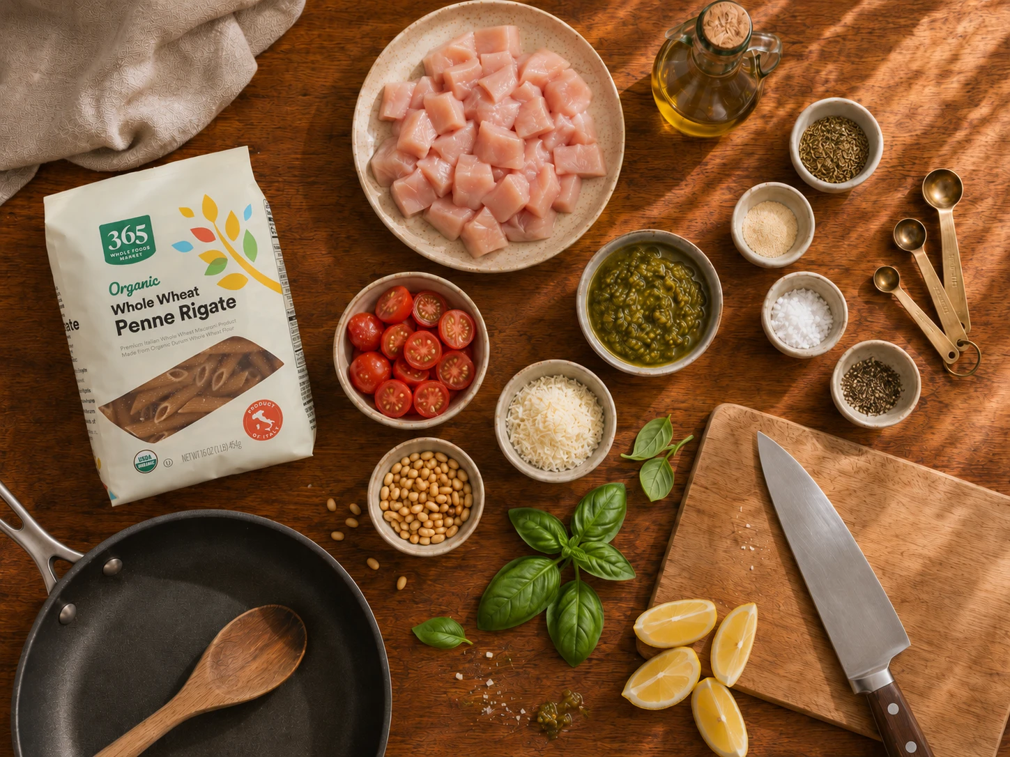 Chicken Pesto Pasta Bowl preparation