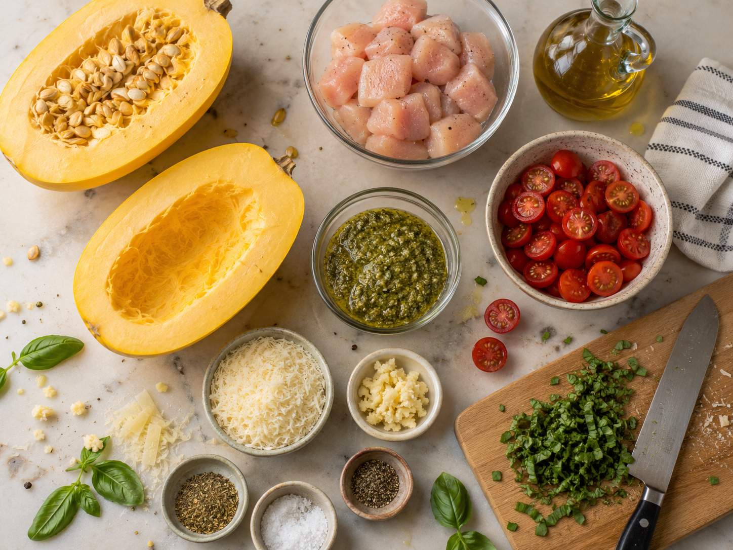 Chicken Pesto Spaghetti Squash preparation