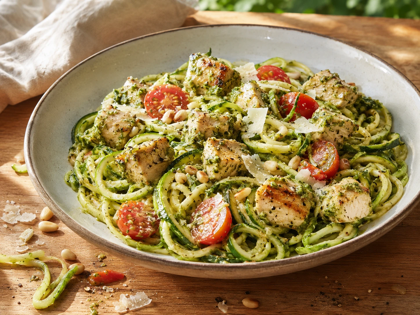 Chicken Pesto Zucchini Noodle Bowls aerial view