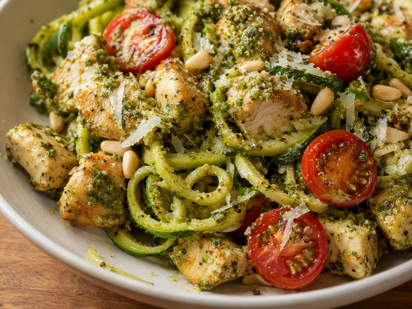 Chicken Pesto Zucchini Noodle Bowls close up