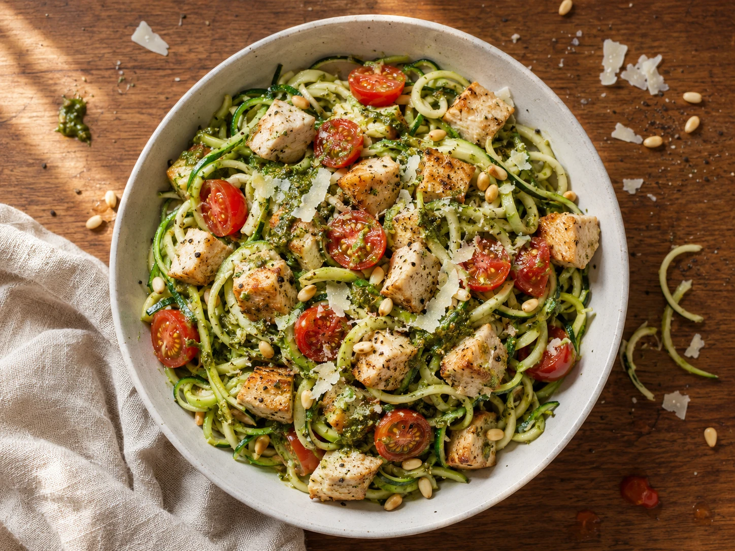 Chicken Pesto Zucchini Noodle Bowls