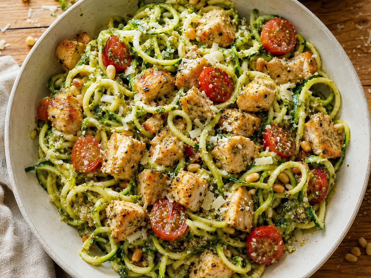 Chicken Pesto Zucchini Noodle Bowls preparation