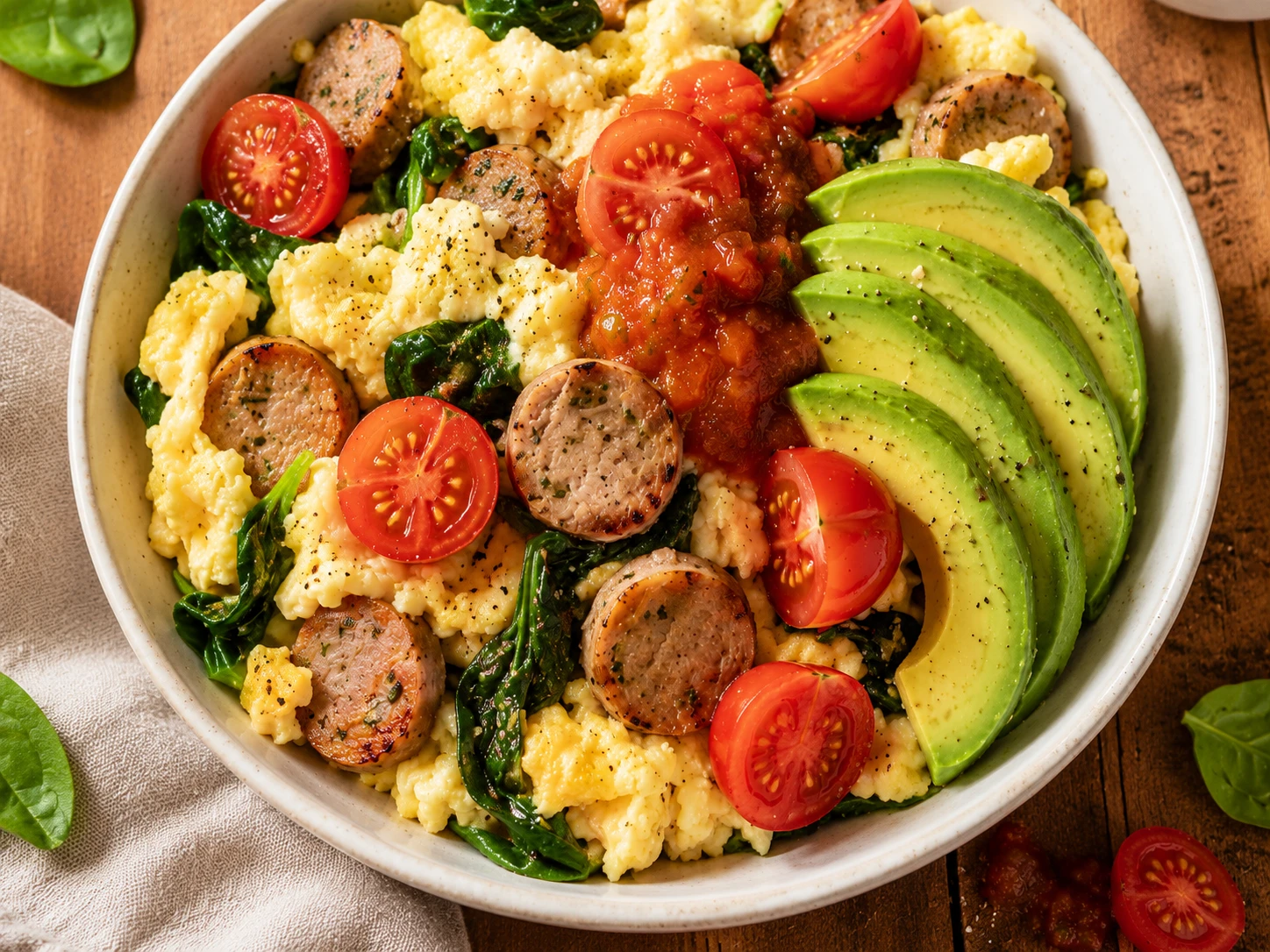 Chicken Sausage Egg Scramble Bowl aerial view