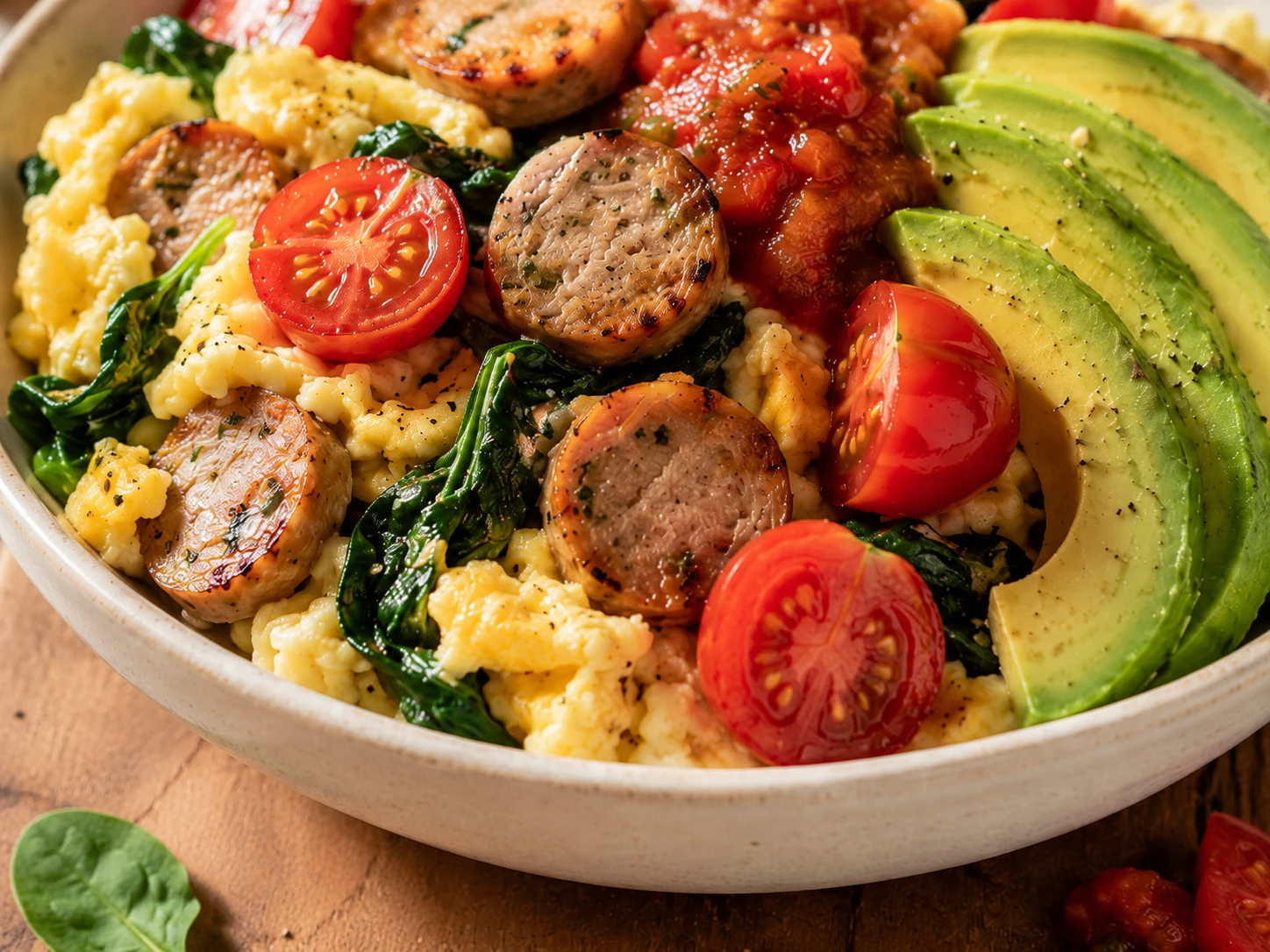 Chicken Sausage Egg Scramble Bowl close up