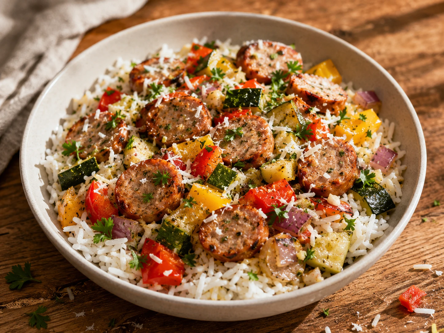 Smoky Chicken Sausage Pepper Rice Bowls aerial view