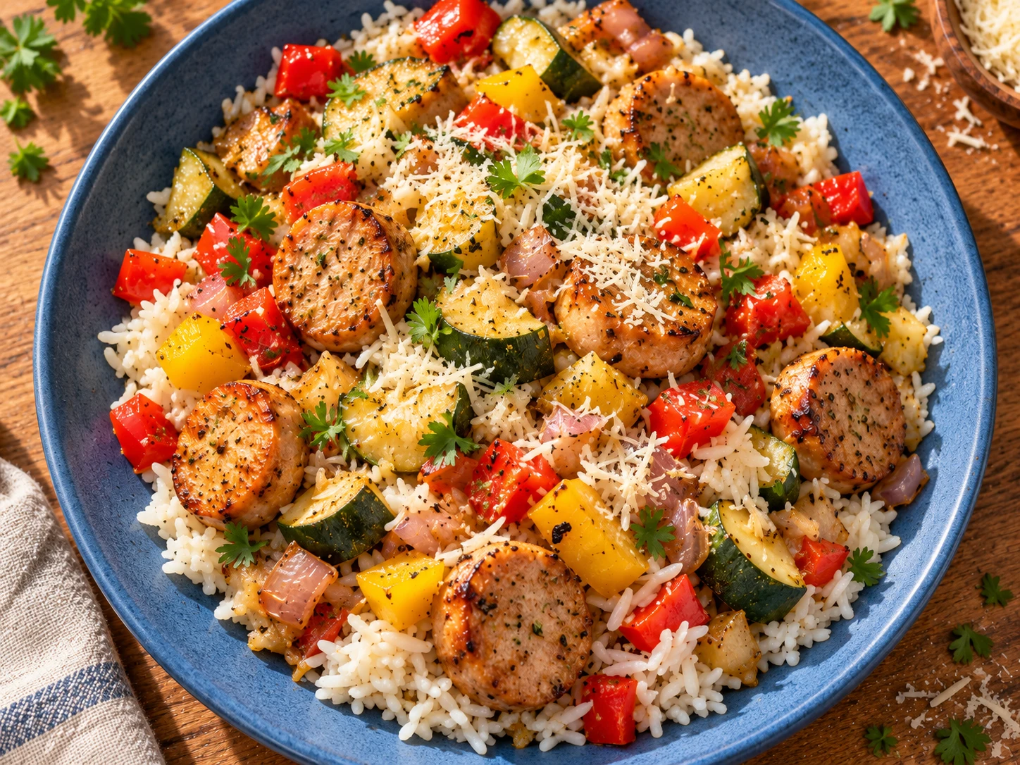 Smoky Chicken Sausage Pepper Rice Bowls aerial view