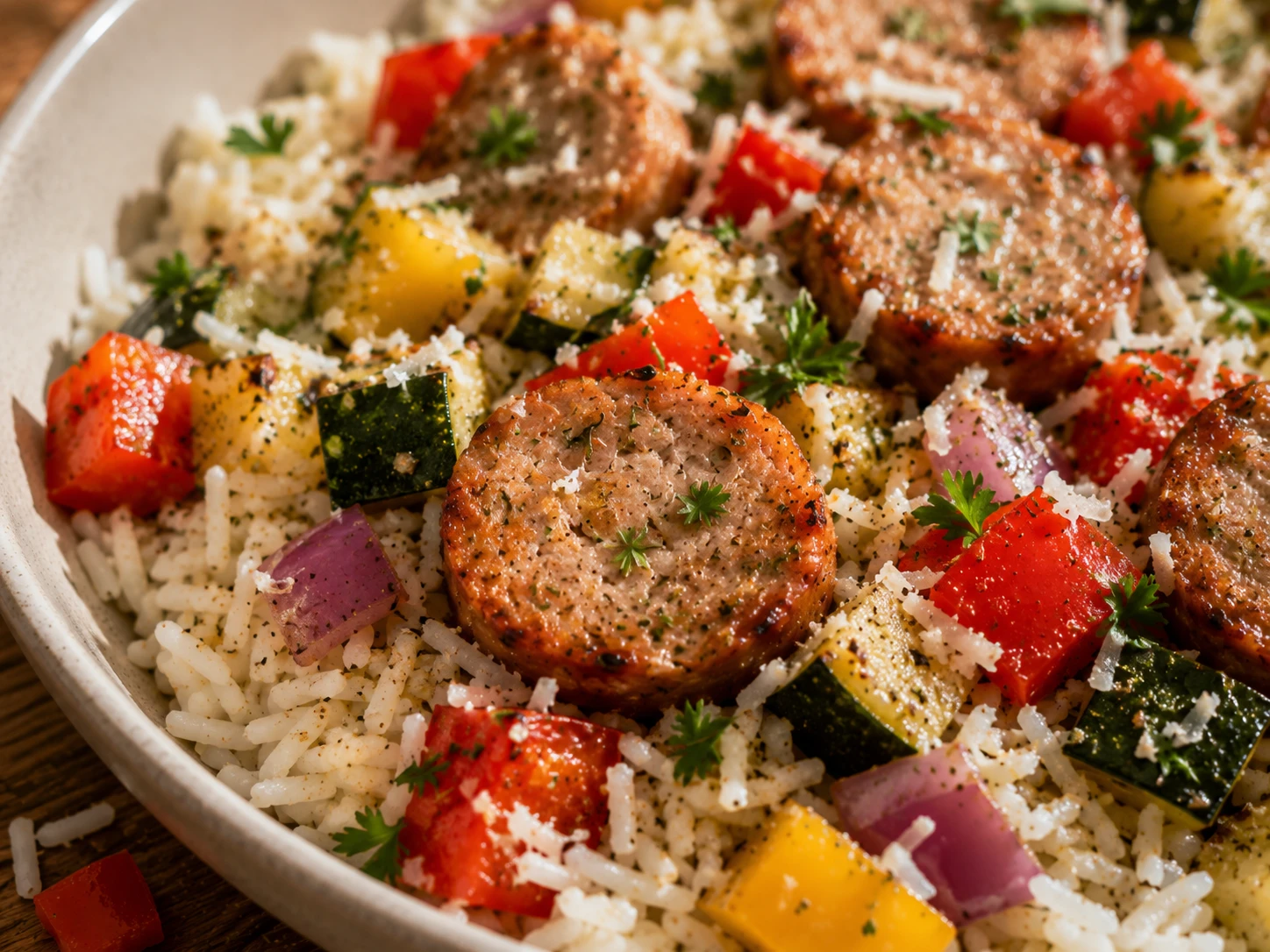 Smoky Chicken Sausage Pepper Rice Bowls close up