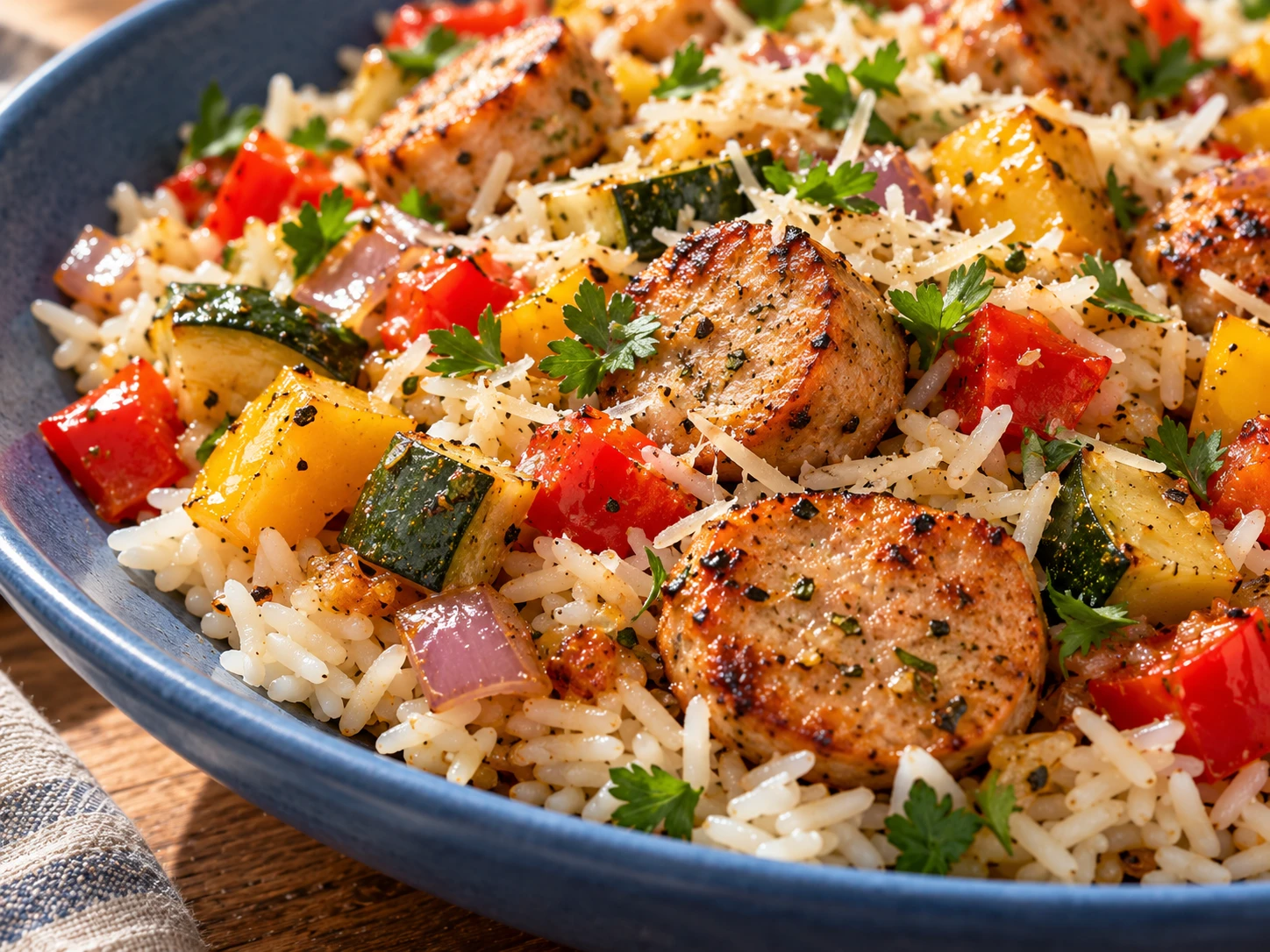 Smoky Chicken Sausage Pepper Rice Bowls close up