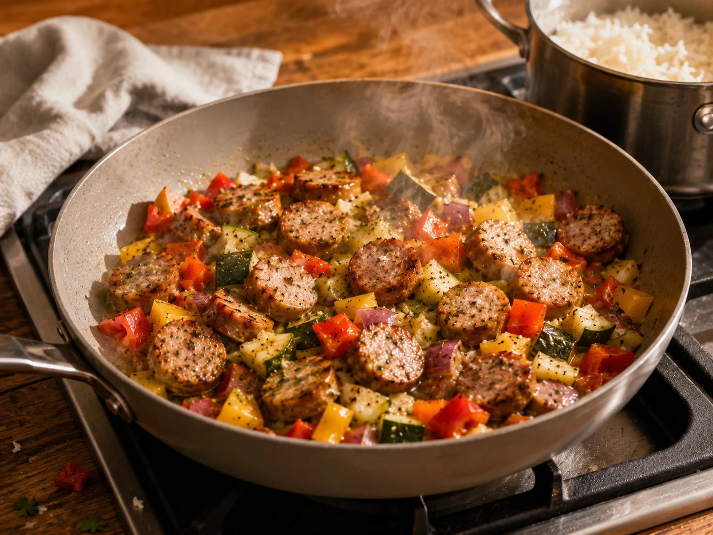 Smoky Chicken Sausage Pepper Rice Bowls preparation