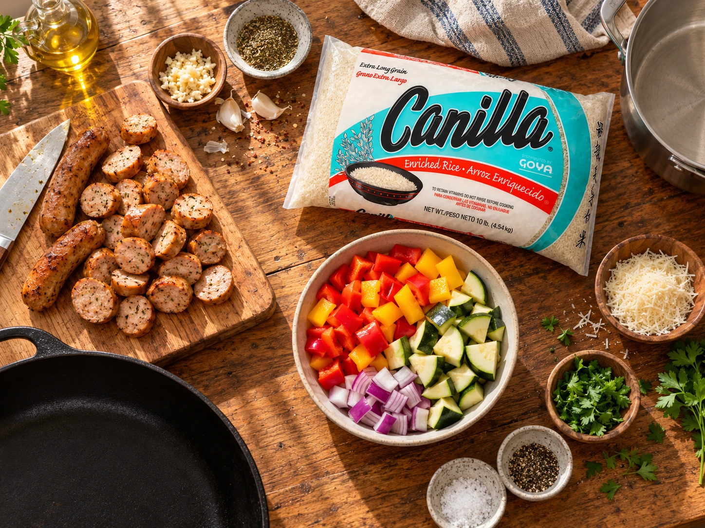 Smoky Chicken Sausage Pepper Rice Bowls preparation