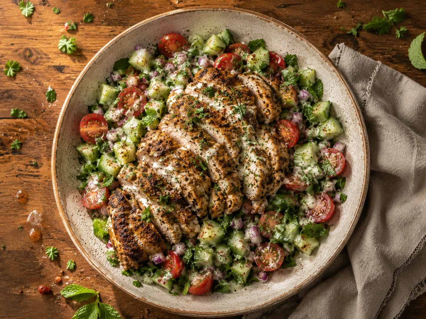 Chicken Shawarma Cucumber Salad aerial view
