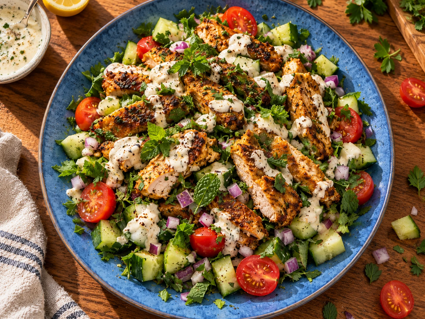 Chicken Shawarma Cucumber Salad aerial view