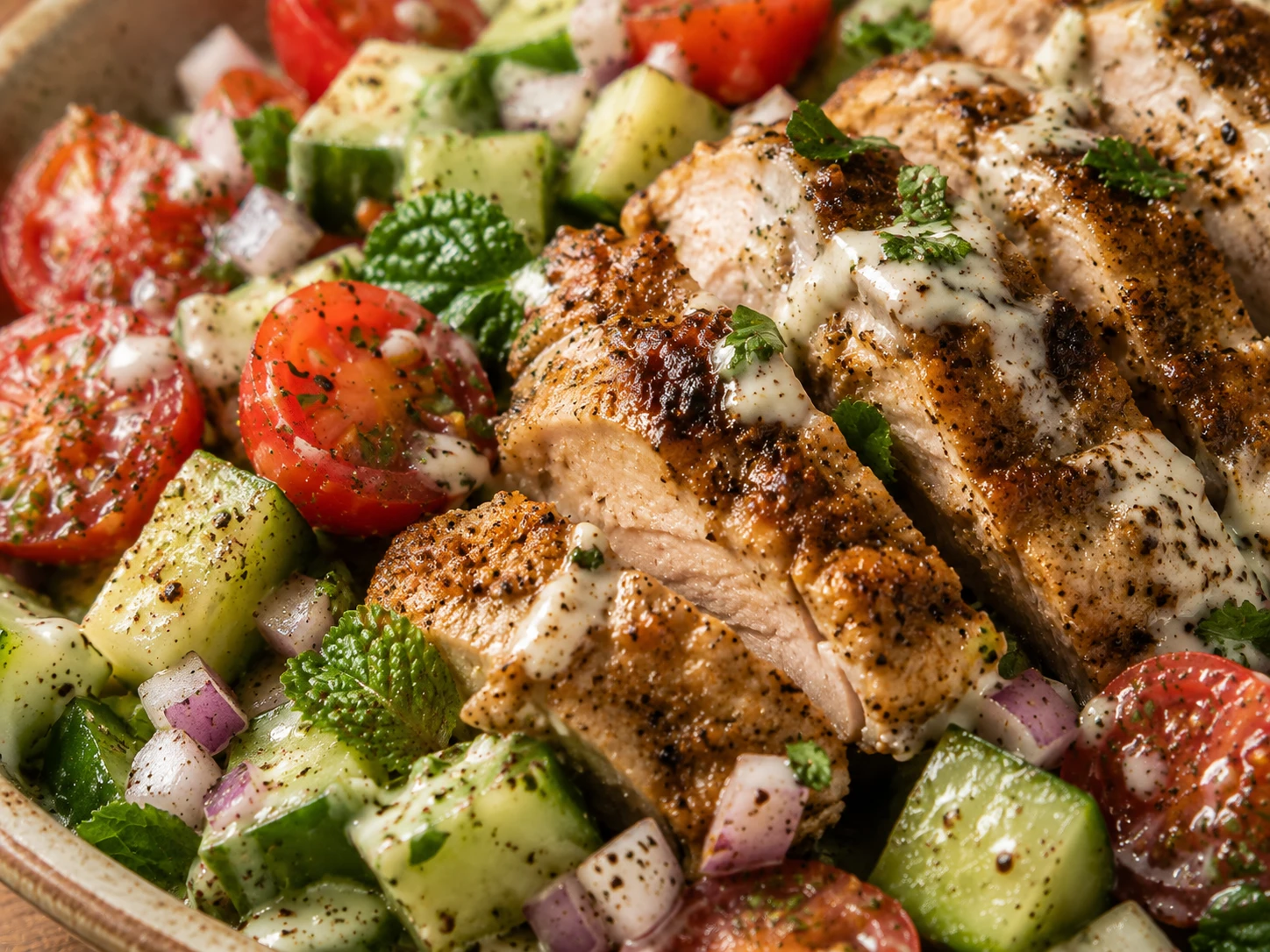 Chicken Shawarma Cucumber Salad close up
