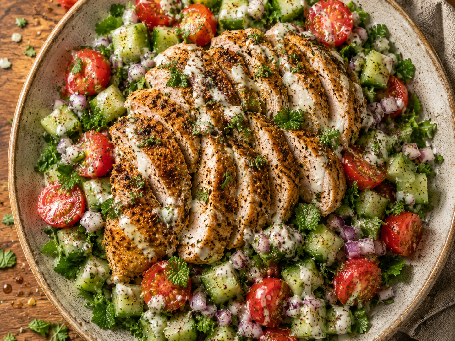 Chicken Shawarma Cucumber Salad preparation