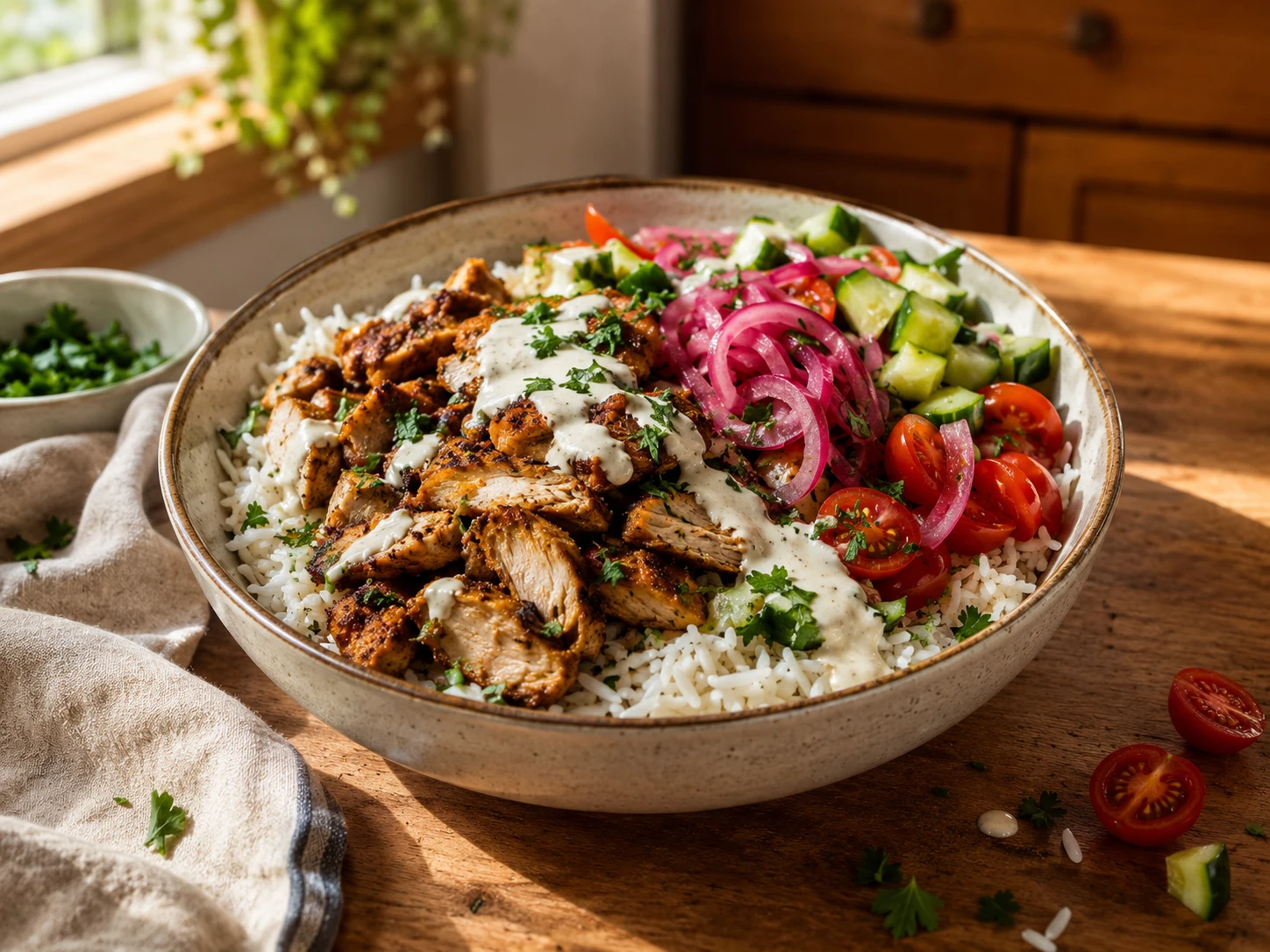 Chicken Shawarma Rice Bowl aerial view