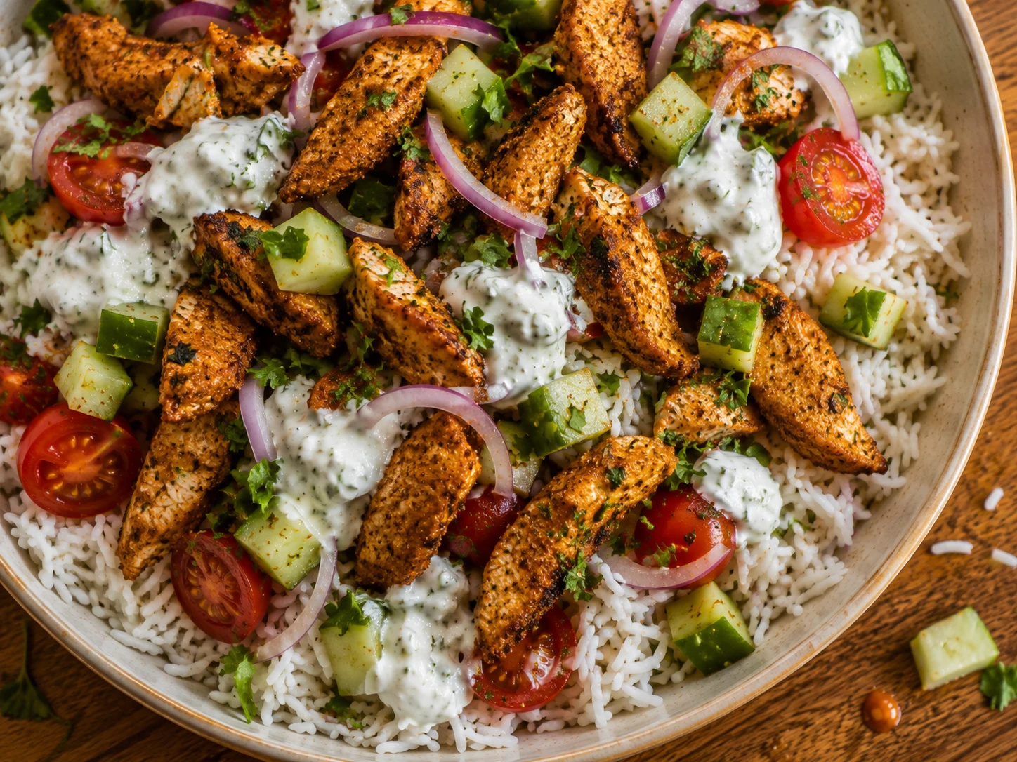 Chicken Shawarma Rice Bowls with Garlic Yogurt aerial view