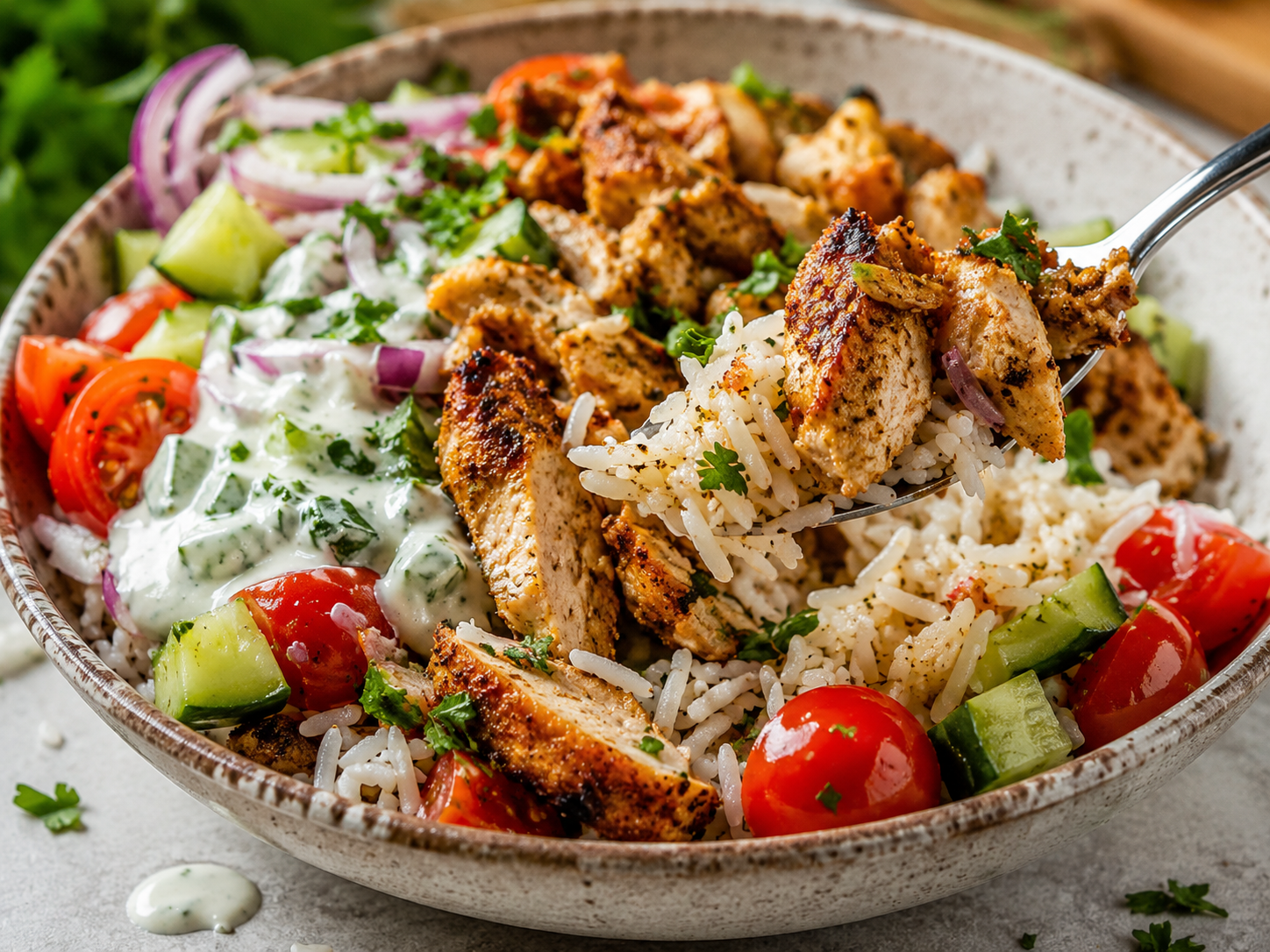 Chicken Shawarma Rice Bowls with Garlic Yogurt close up