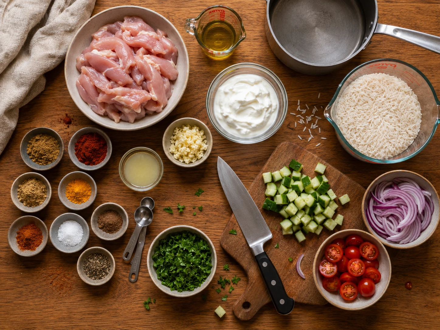Chicken Shawarma Rice Bowls with Garlic Yogurt preparation