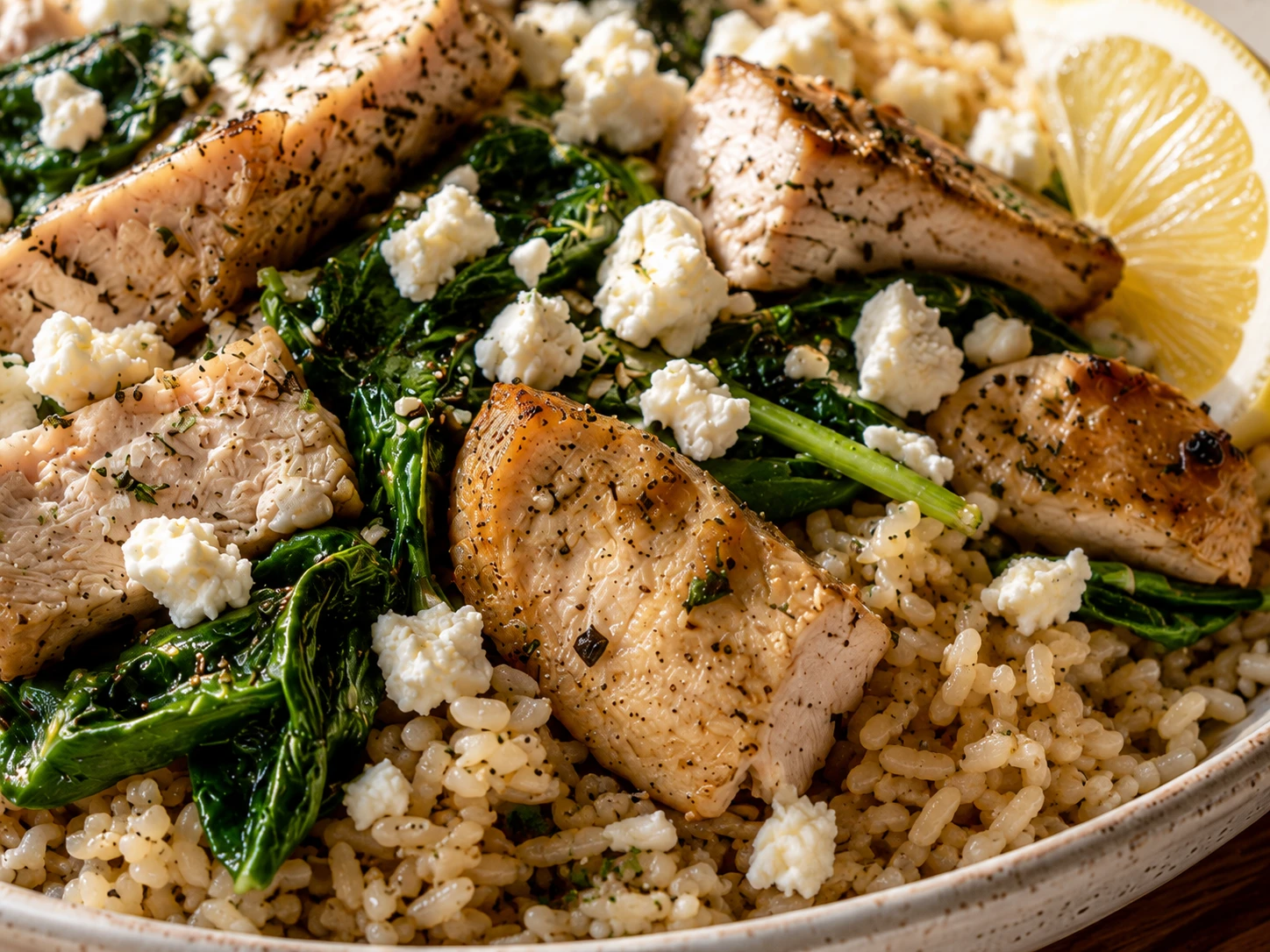 Chicken Spinach Feta Rice Bowl close up