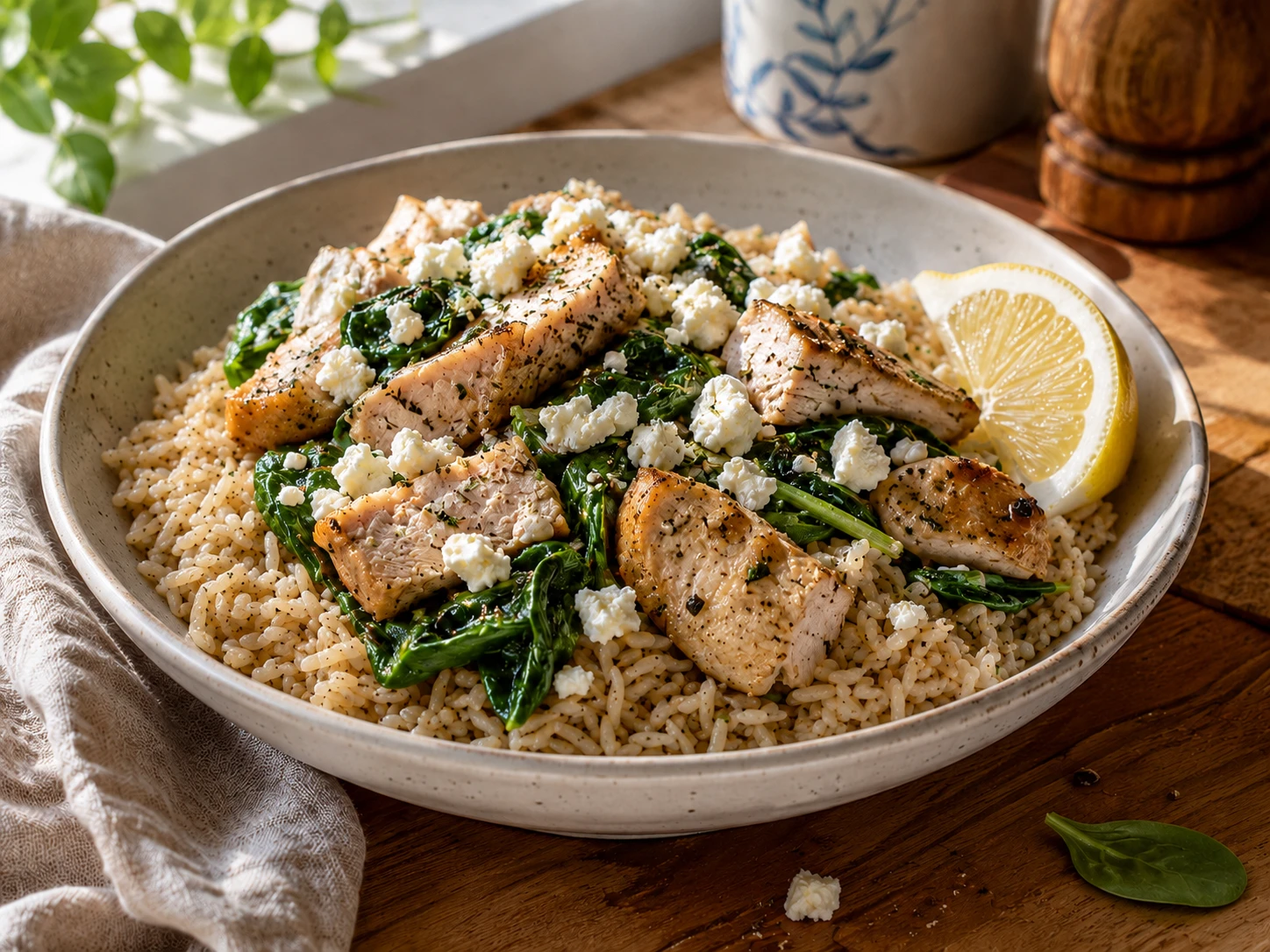 Chicken Spinach Feta Rice Bowl
