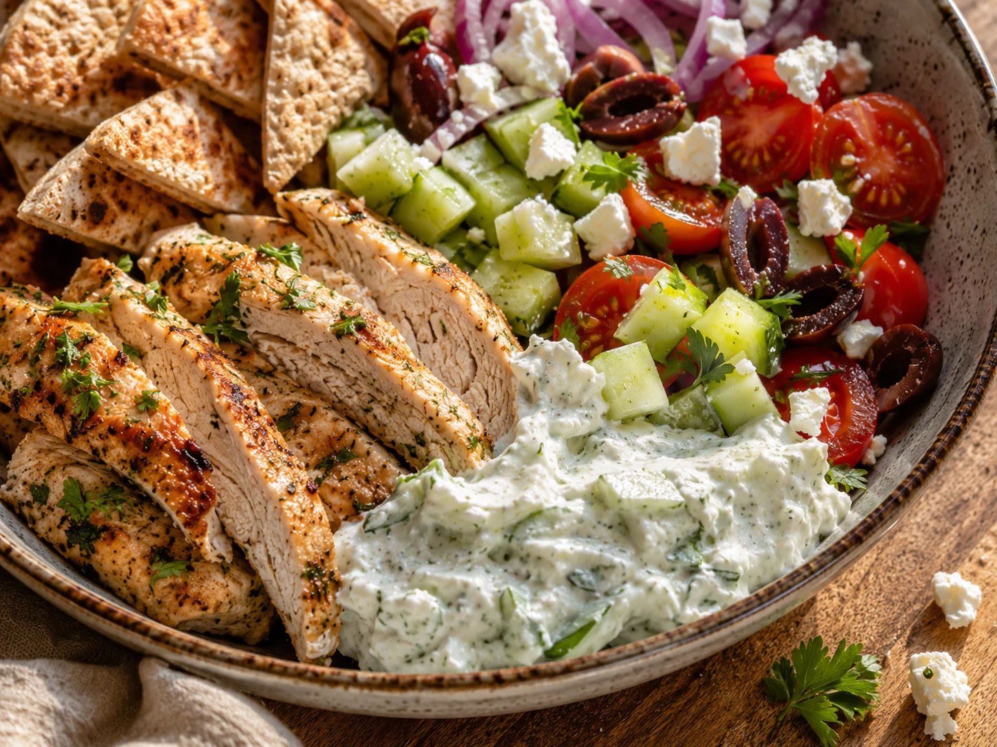Chicken Tzatziki Pita Bowl close up