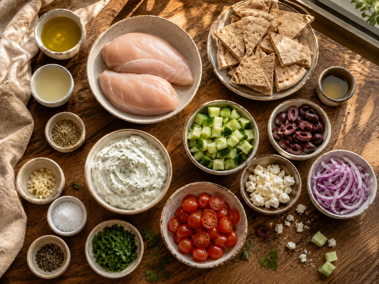 Chicken Tzatziki Pita Bowl preparation