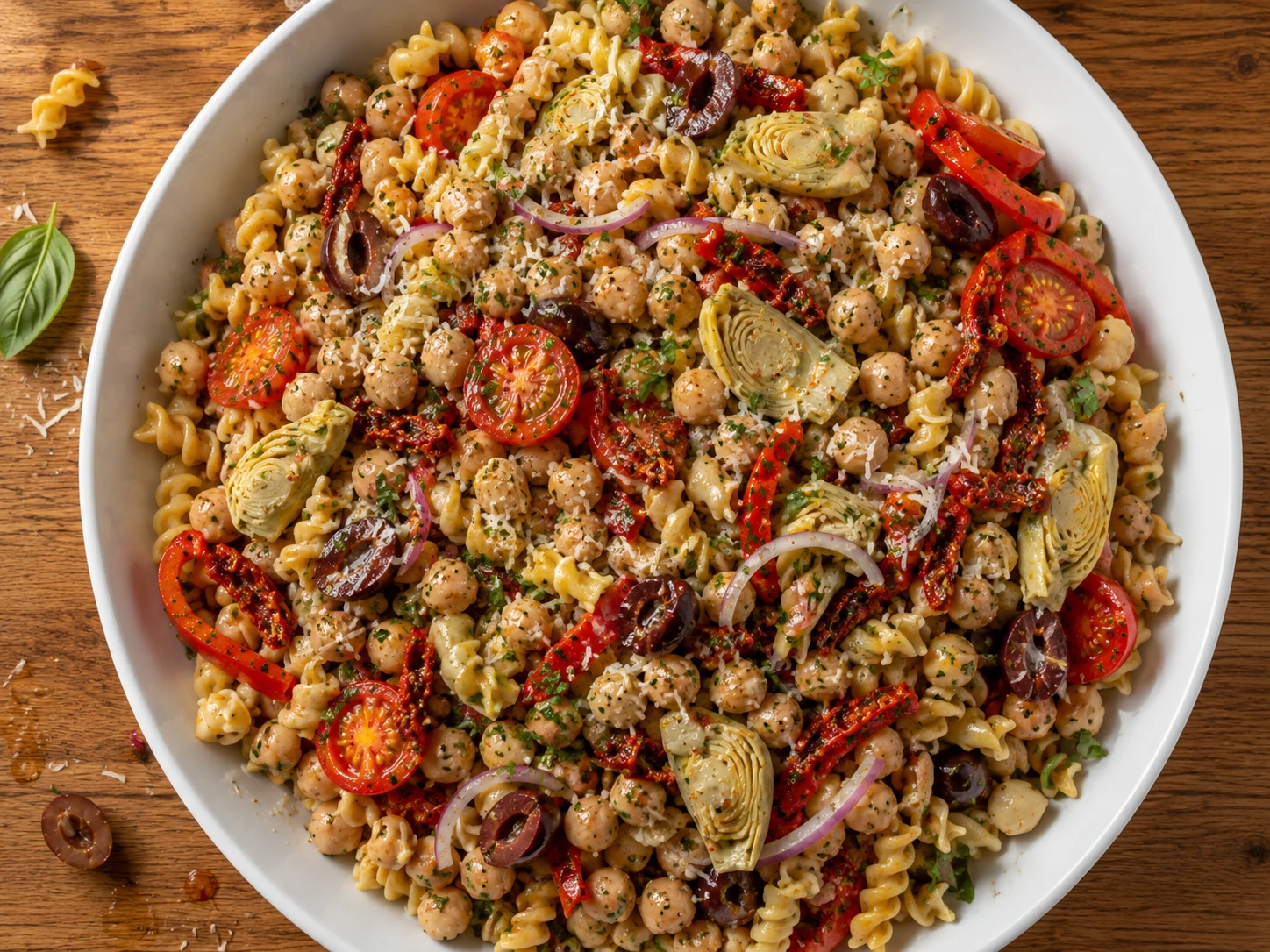 Chickpea Pasta and Cannellini Bean Salad aerial view