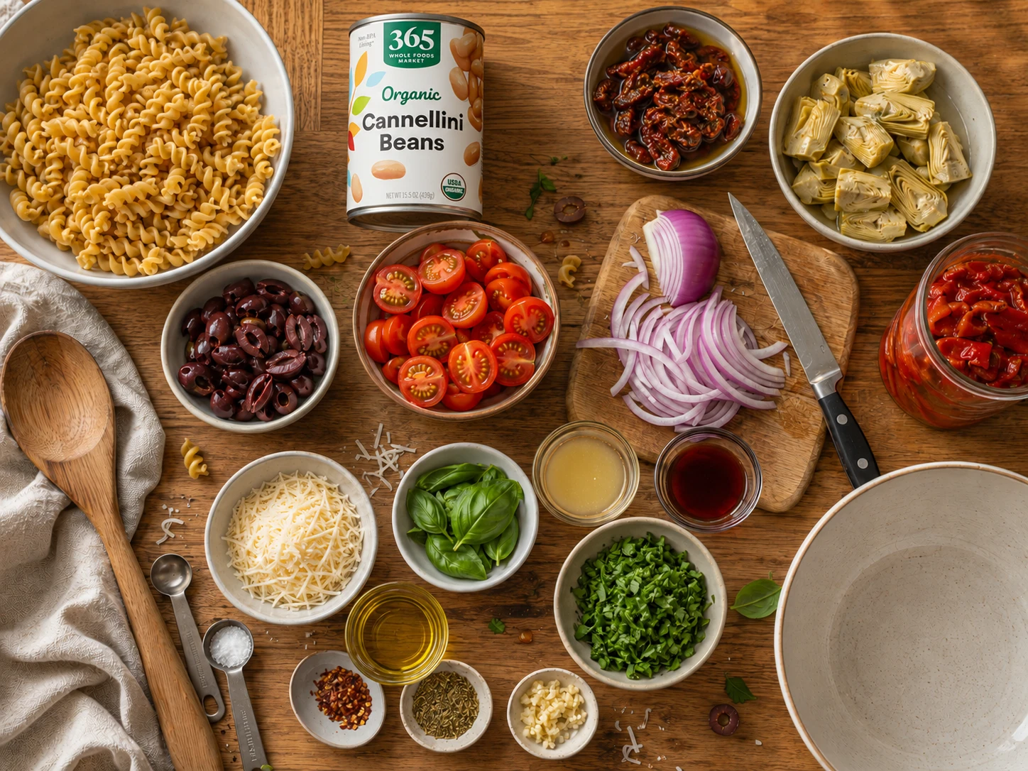 Chickpea Pasta and Cannellini Bean Salad preparation
