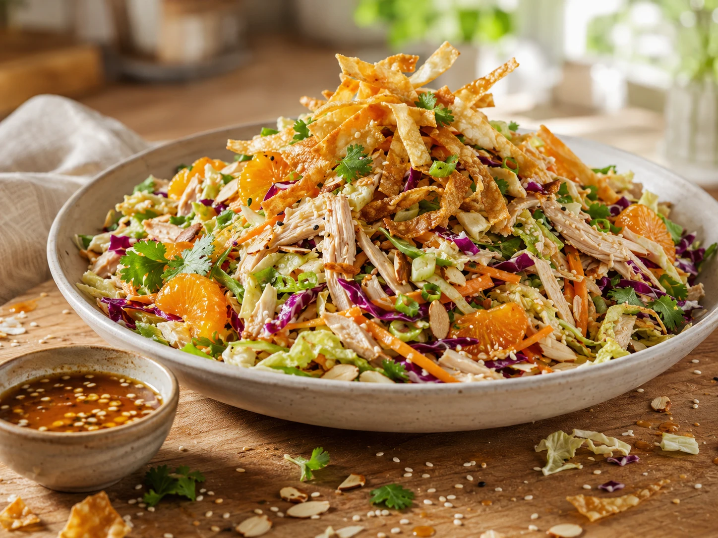 Chinese Chicken Salad with Crispy Wontons aerial view
