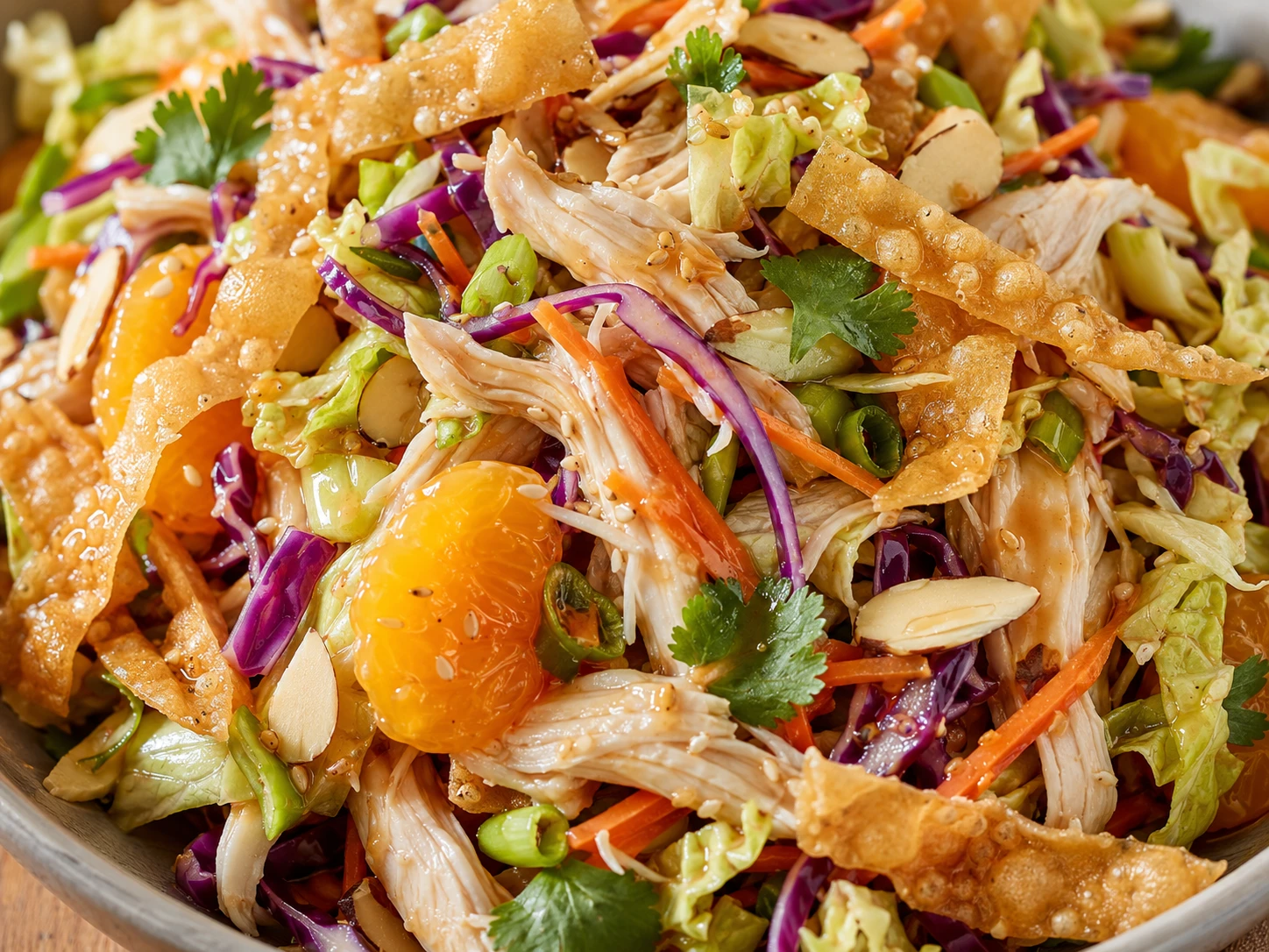 Chinese Chicken Salad with Crispy Wontons close up