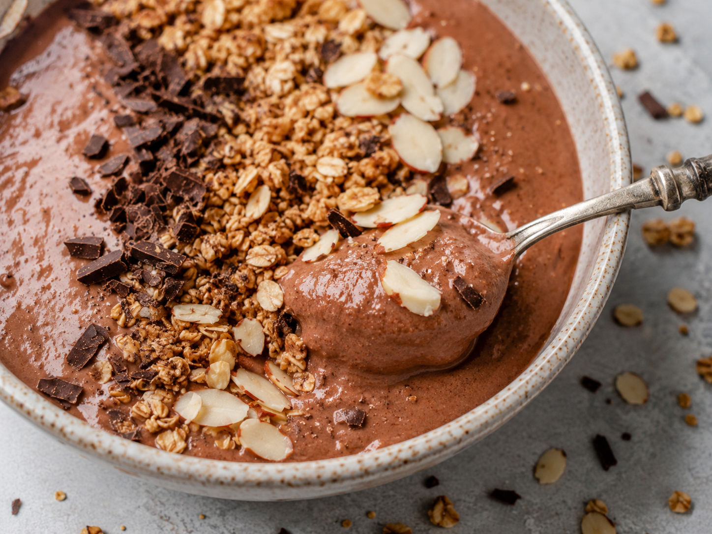 Chocolate Banana Almond Smoothie Bowl close up