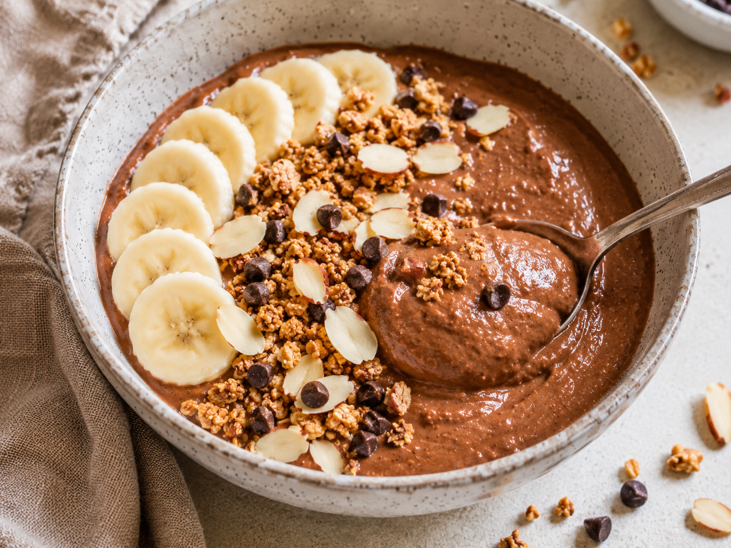 Chocolate Banana Protein Breakfast Bowl close up